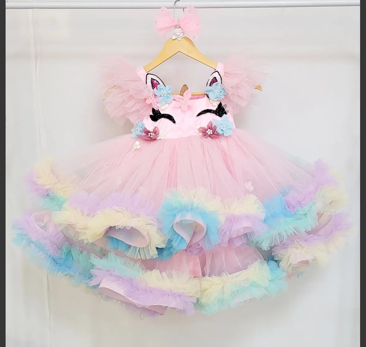 Unicorn Theme Birthday Dress - Pink Tulle Dress with Feather Detail, Colorful Ruffles & Decorative Bow for Women's Party Wear - Womenswear, Formal