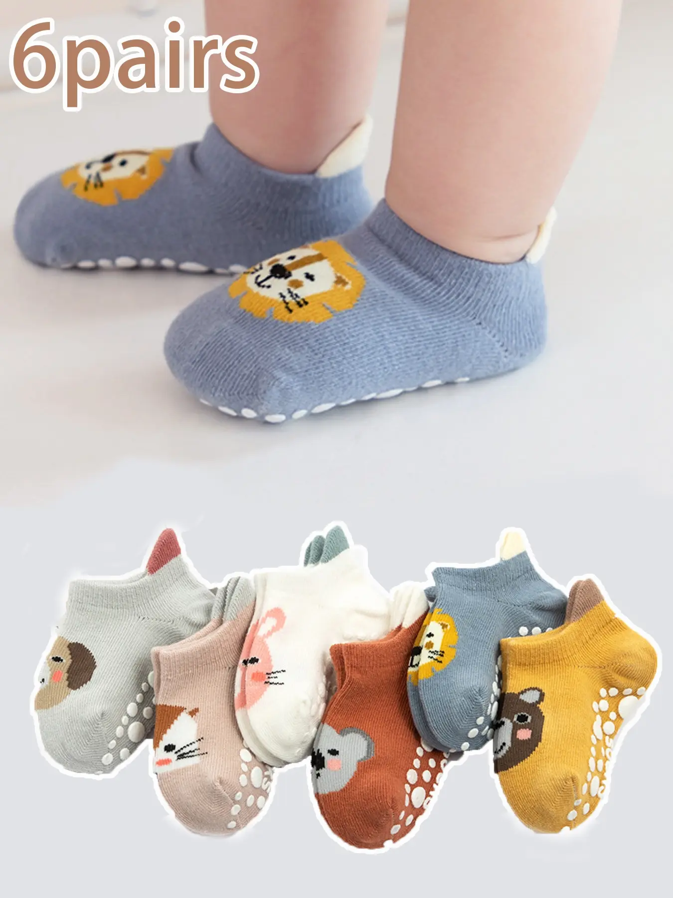 6 Pairs Baby Socks, Walking Socks, Indoor Floor Socks, Cartoon Pattern, Non-Slip Socks for Boys