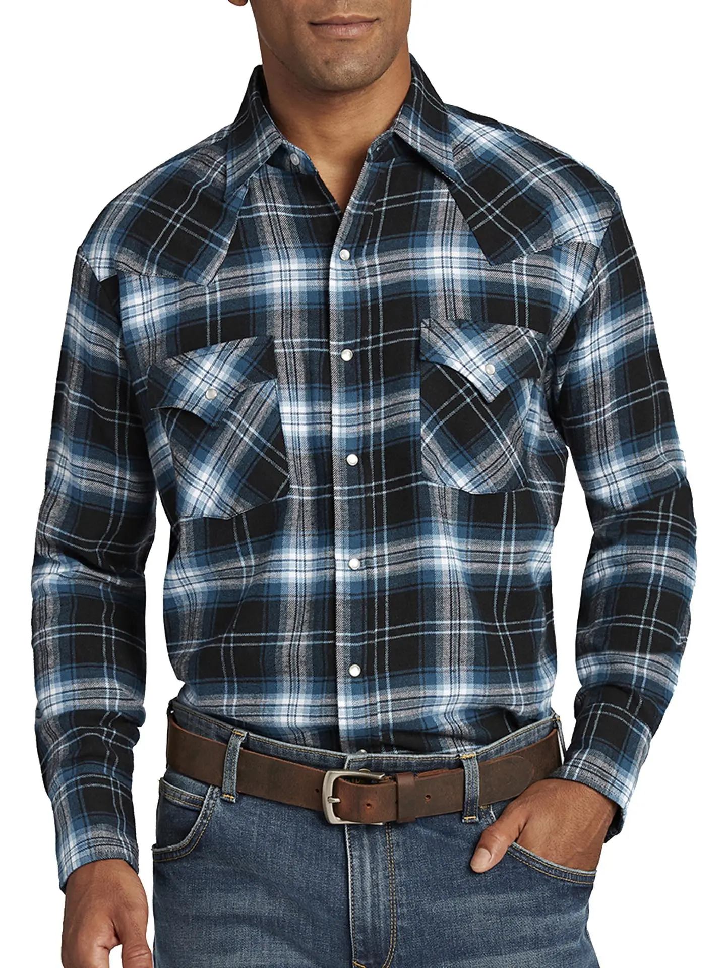 Men's Ely Cattleman Long-Sleeve Plaid Brawny Flannel Western Snap Shirt - Black, Stylish Menswear with Pocket, Longsleeves Design