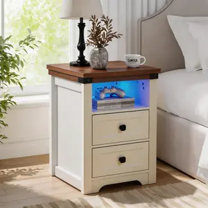 ARCH Farmhouse Side Table with Charging Station, Antique Nightstands with Drawers, Bedside Table with Open Shelf for Bedroom, White