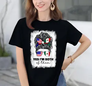 Women's 100% Cotton Short-Sleeve Round Neck-Crew Neck Tops, Mexican-American Flag Print Everyday T-Shirt for Girls