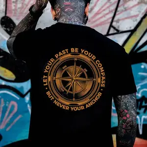 FEEGO Vintage-Inspired Motivational T-Shirt: Compass & Anchor Graphic Men's Cotton Tee Oversized Anime Golden Skull