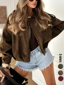 Women's Suede Leather Jacket, Coffee Color Faux Leather Flight Jacket, Oversized Batwing Sleeves, Casual Sporty Style, Y2K Vintage, Tiktok Trend, Coats