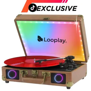 Looplay Premium Bluetooth Vinyl Record Player with Speakers & LED Lights Portable Suitcase Turntable 3-Speed LP Player Auto-Stop RCA Output Retro Gift