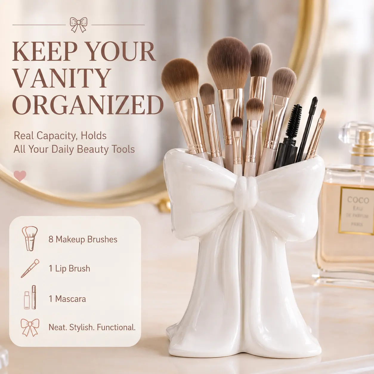 Cute Bow-Shaped Compact Makeup Organizer - Vanity Organization Solution, All Purpose Cosmetic Organiser, Girls/Women’s Vanity Storage Box, Cosmetic Brush Holder, Bow-Shaped Desk Decor, Home/Office Accessory, Gift Option, All Purpose Cosmetic Organisers, M
