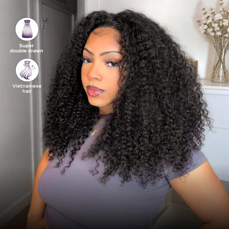 [Vietnamese Hair] Megalook Super Double Drawn 3 In 1 Burmese Curl Half Wig Glueless Human Hair Wig Ready Go Curly Wig Natural Black Color Beginner Friendly 100% Human Hair WIG