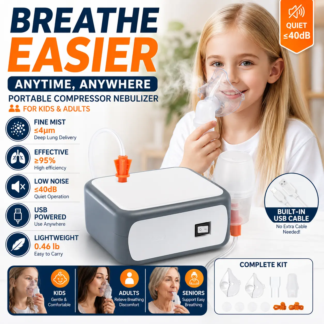 Portable Nebulizer Machine for Kids & Adults, Ultra-Fine Mist ≤4μm, Low Noise Air Compressor, USB Powered, Lightweight & Easy to Use