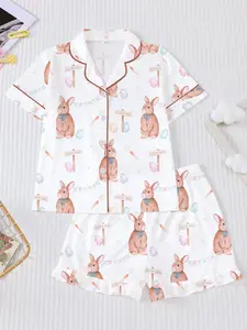 Easter Theme Bunny Egg Carrot Print Kids Fire Retardant Pastel Cute Pajamas Set, Casual Short Sleeve Button Front Home Wear