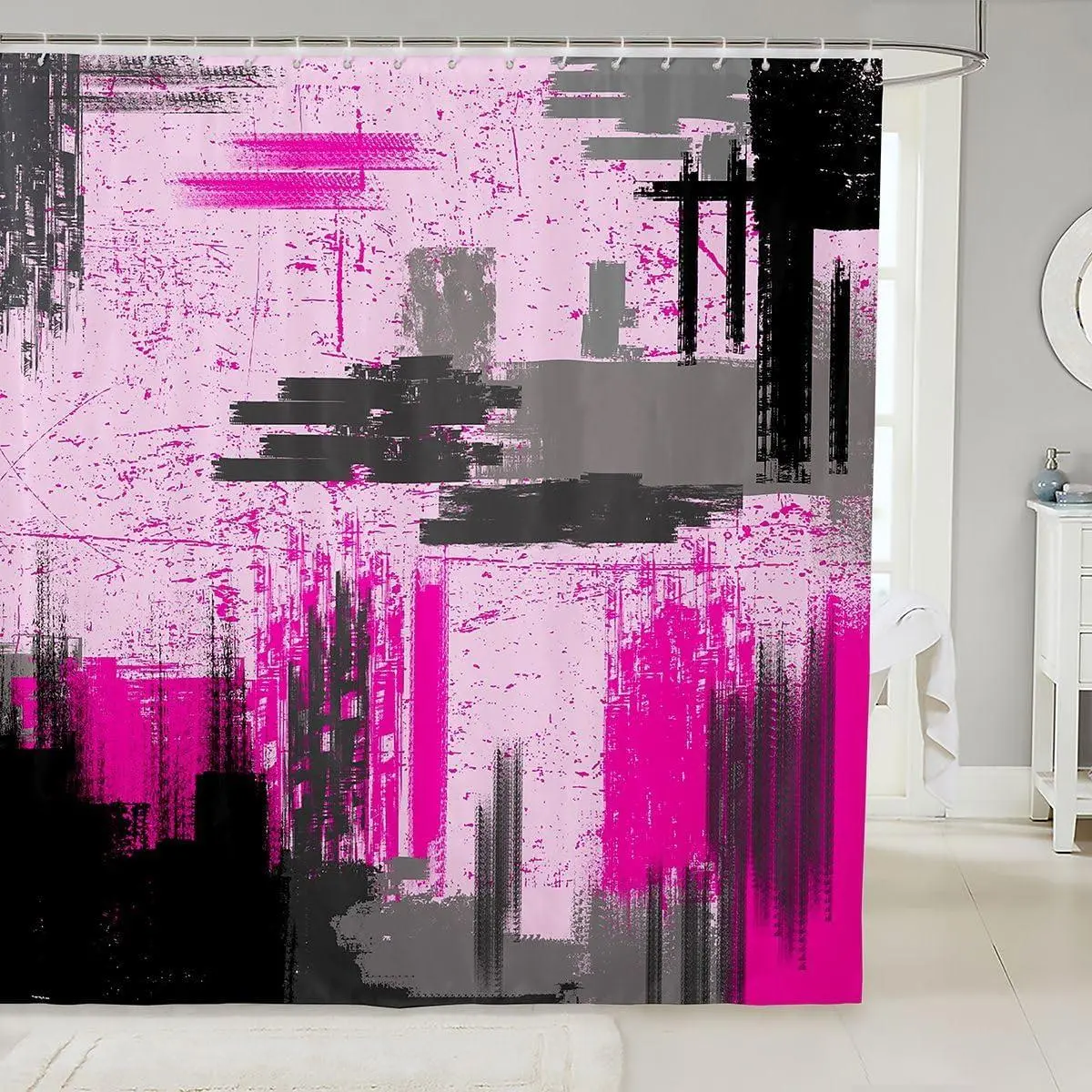 Hot Pink Grey Black Shower Curtain Abstract Art Bath Curtain Decor Geometric Bathroom Shower Curtain Set Modern Bathroom Accessories