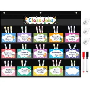 Class Jobs Pocket Chart with 70 Colorful Dry Erase Cards and 3 Hooks, Class Management Educational Pocket Chart Teacher's Helper, 24.5”x21.8” Black Bulletin Board for Classroom