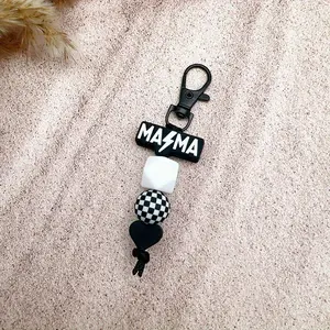 Creative Letter & Lightning Design Keychain,Black & White "MAMA" Silicone Beaded Keychain, Stylish Checkerboard & Lightning Design, Wristlet Key Ring for Moms, Perfect Gift for Mother's Day & Everyday Use