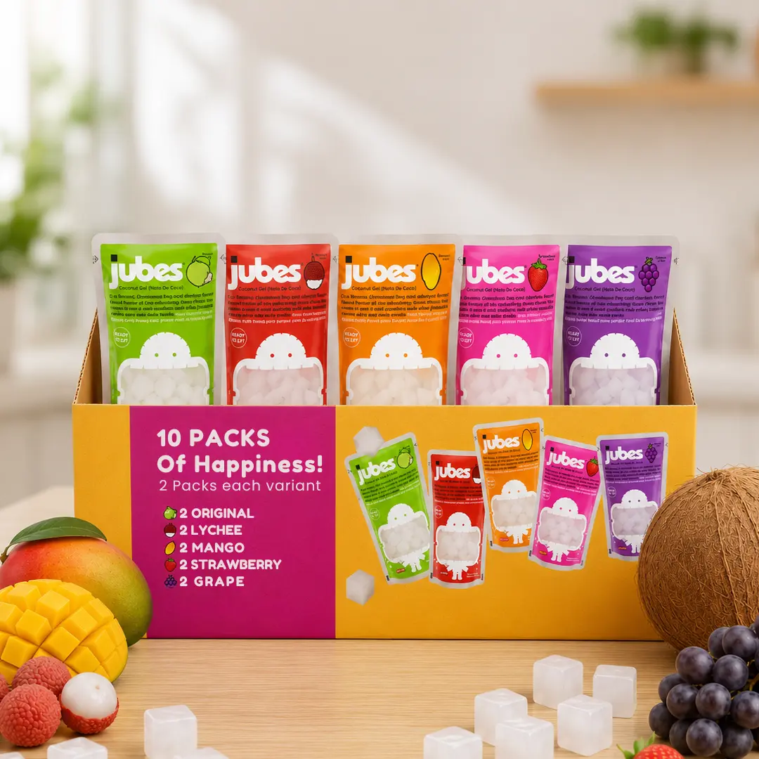 Jubes Nata De Coco (Assorted Combo) pack of 10, 12.7 oz 2 of Each Flavor - Coconut Jelly Cubes for Sago - Coconut Gel in Syrup Toppings for Fruit Tea, Boba, Bubble Tea, Drinks, Desserts Yogurt, Ice Cream
