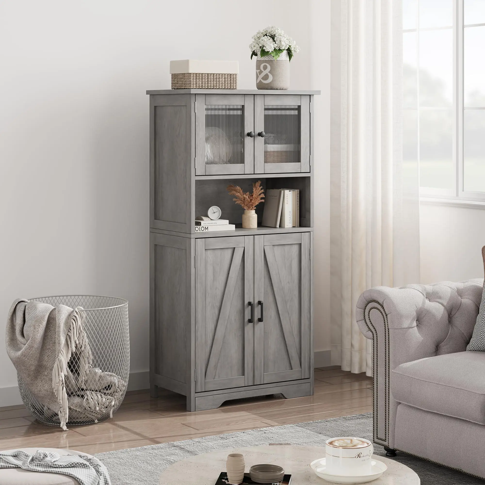 Storage Cabinets, 54 Inch Tall Hutch Bar Cabinet with Glass Doors and Adjustable Shelves, Wooden Kitchen Pantry Storage Cabinet, for Living Room,Rustic Brown