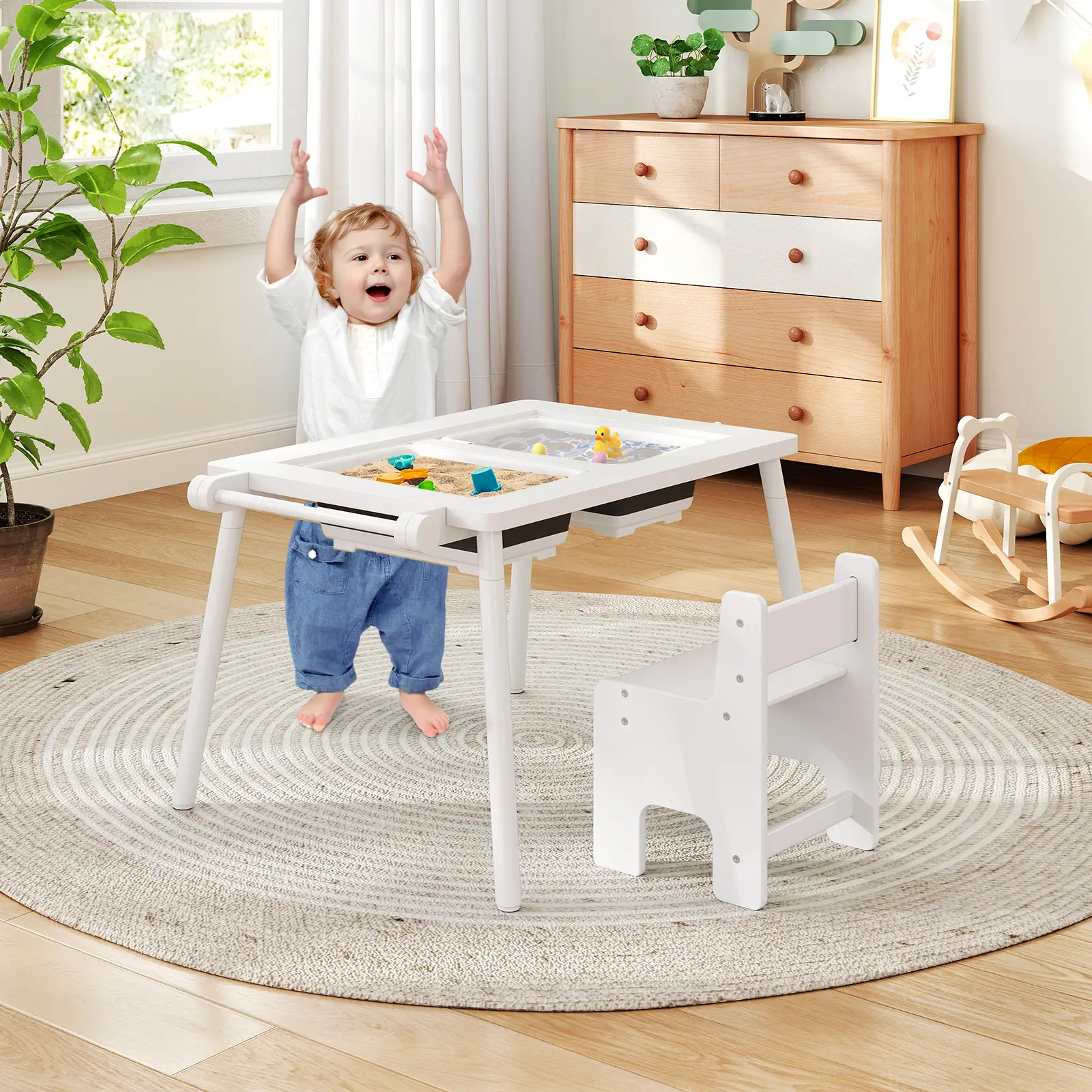 COSTWAY - Sensory Table and Chair Set for Kids 2-8 with Foldable Bins-White