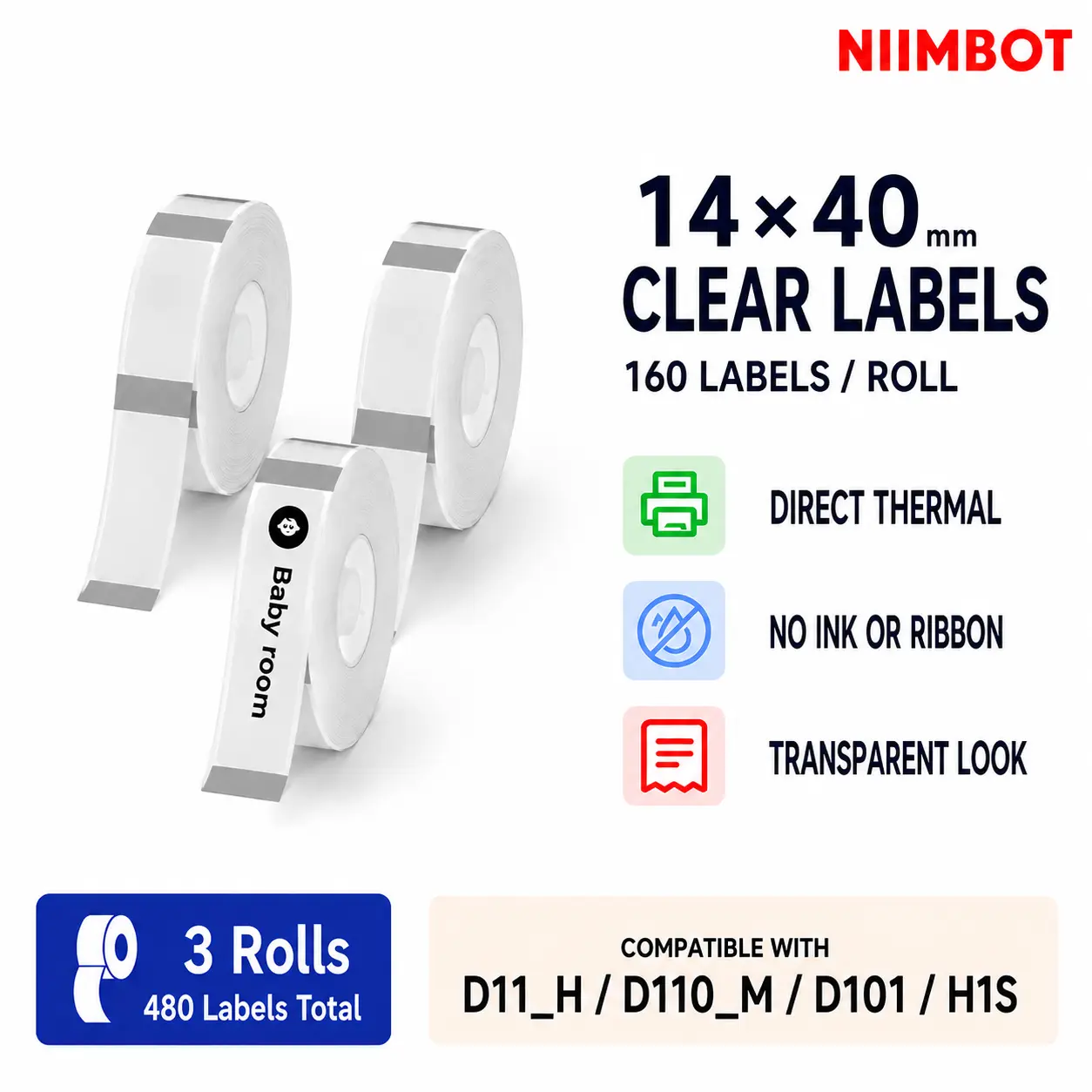 NIIMBOT Label Maker Tape, 14 x 40 mm (0.55"x1.57") Waterproof and Self-Adhesive Clear Labels for Printer-Suitable for D11/D101/D110 Label Tape Machine (Clear)