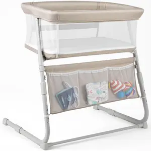 Cowiewie Bassinet Bedside Sleeper,Baby Bassinet Slides Over Bed,5-Position Height Adjustment & Breathable All-Mesh Wall Bedside Bassinet for Baby,Space-Saving Bedside Crib, Height(37.4-41.3") (Beige)