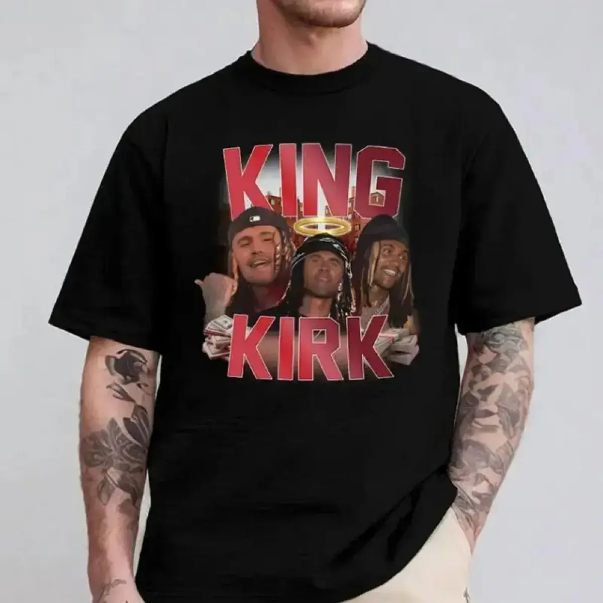 Men's Graphic Print Tshirt with King Kirk Oblock Design, Casual Streetwear Loose Fit Short Sleeve - Important: Check Size Chart, Round Neck