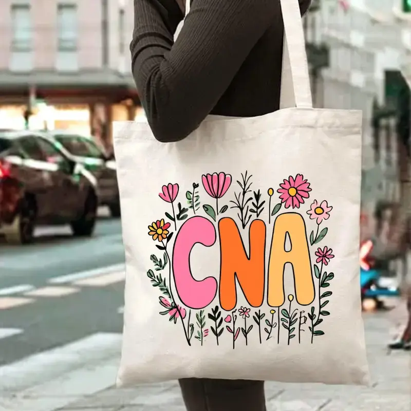 CNA Floral Tote Bag - Durable Machine-Washable Beige Nursing Assistant Gift with Colorful Flower Design, Open Top Work Bag for Healthcare Professionals, Everyday Carryall