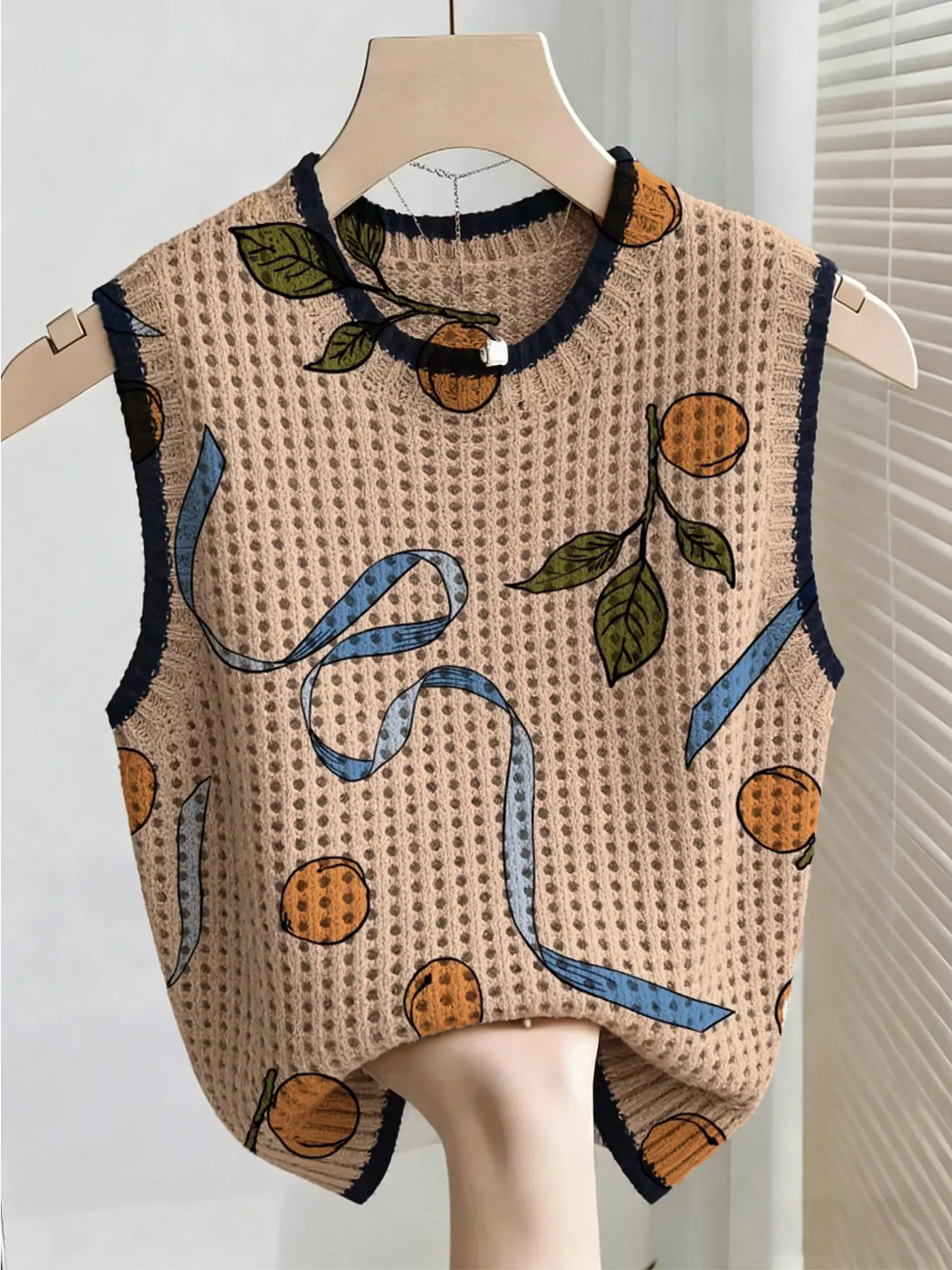 Boho Style Summer Knit Top, Loose Fit Round Neck Sleeveless, Fruit Print, Women's Casual, Bikini Cover-Up, Summer Fashion, Vests, Knitted Tank Vest