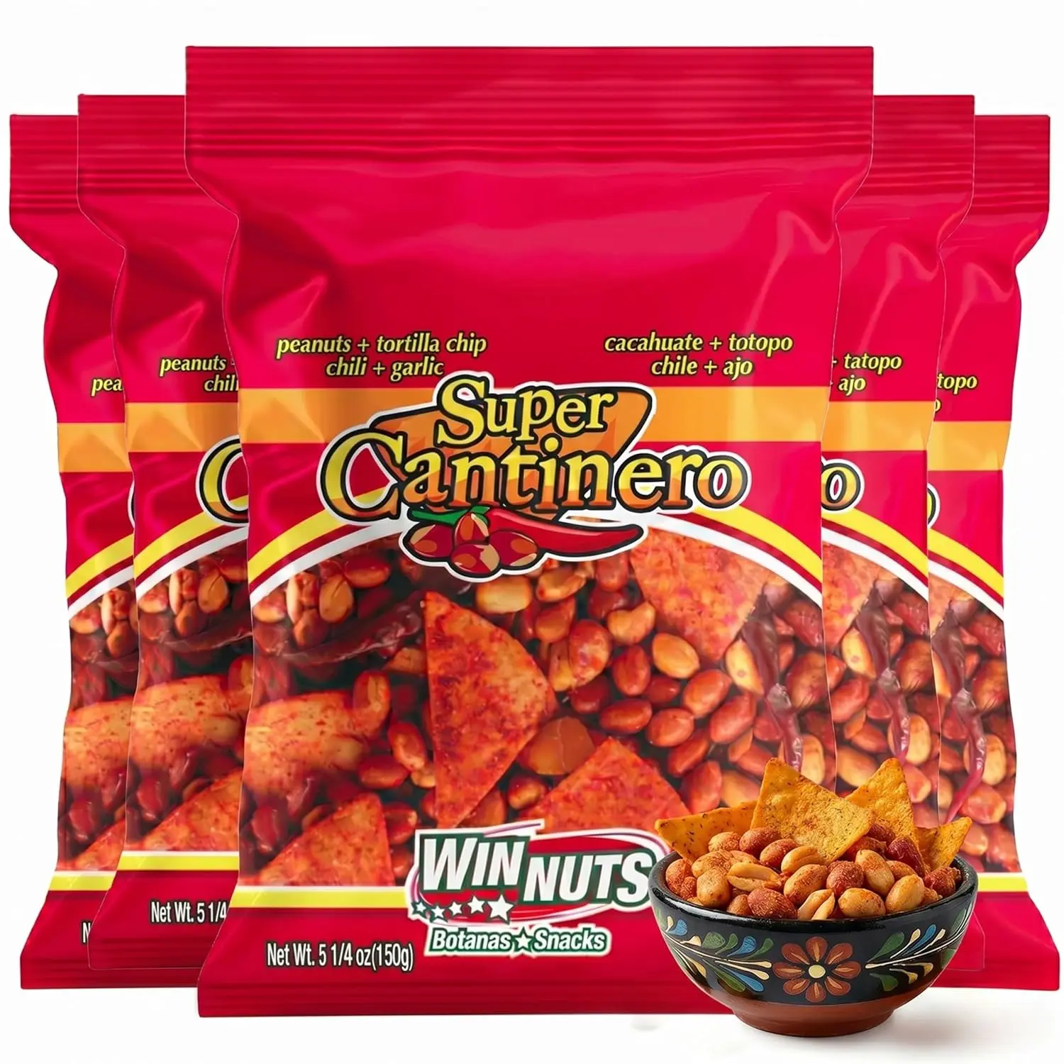 WINNUTS Super Cantinero Mix, Mexican Cacahuates & Spicy Peanut Snack Blend, 5-Pack, 5.25 oz Each, Crunchy Party Snacks for Sharing and Game Days