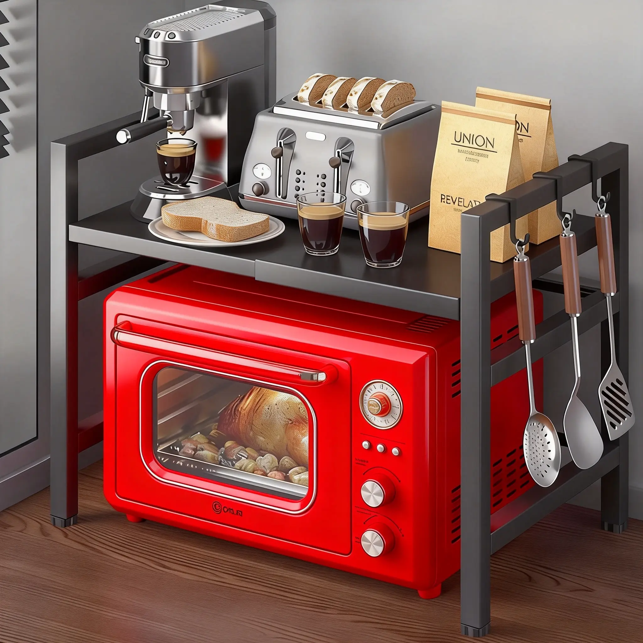 2-Tier Height-Adjustable Expandable Microwave Stand with Hooks, Sturdy Metal Kitchen Countertop Organizer for Small Kitchens Counter Storage, Two Layers