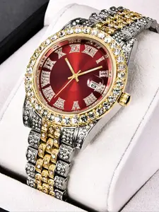 Rhinestone Decor Round Dial Analog Quartz Watch, Fashion Watch for Party, Daily Clothing Decor, Trendy Exquisite Watch for Birthday Gift without Box, Rhinestone Decorated Watch, Fashionable Party Watch, Rhinestone Wristwatch