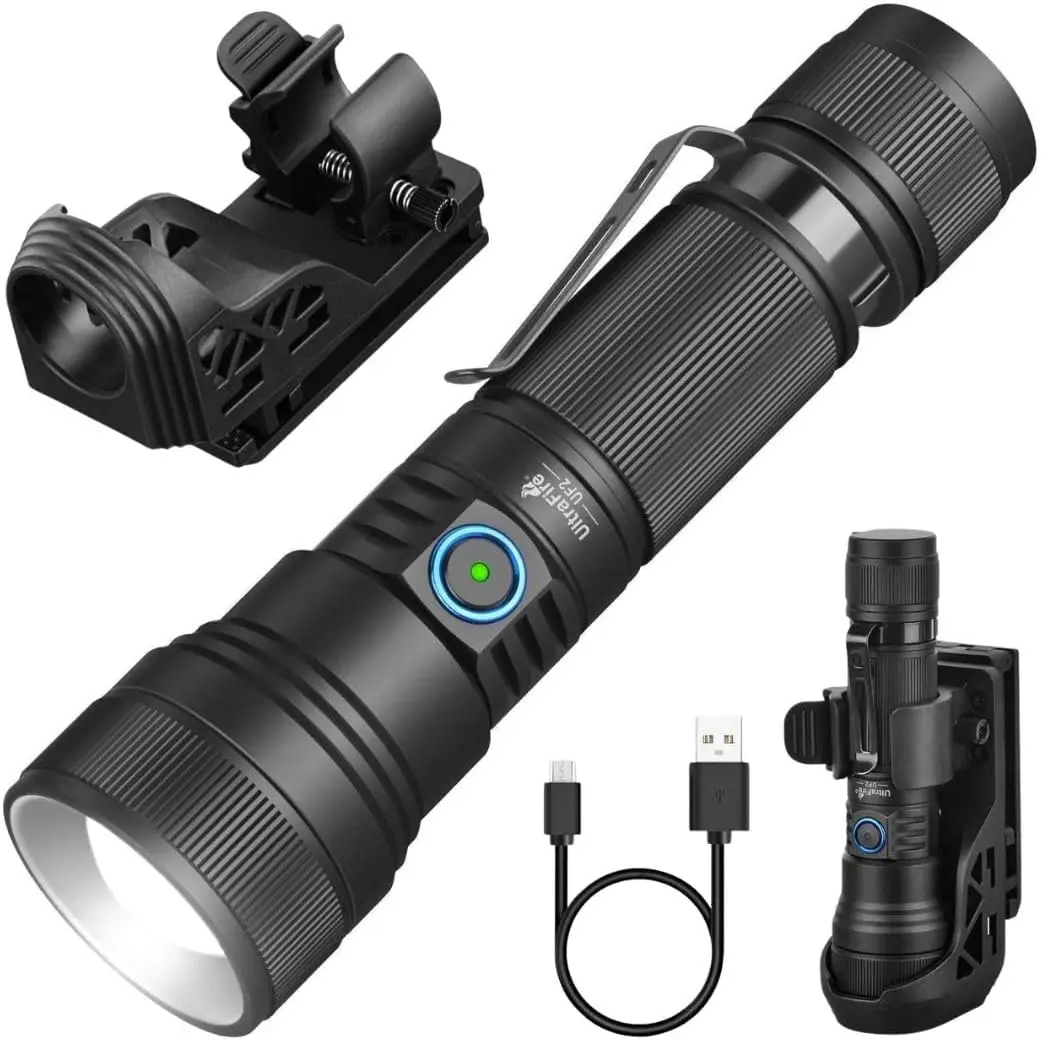 UltraFire UF2 Tactical Flashlight with Holster, 1500 Lumen High Brightness, Duty Belt Flashlight, 5 Modes Zoomable, Police / Outdoor / Tactical Flashlight Torch Lighting Led Lamp Night Modern