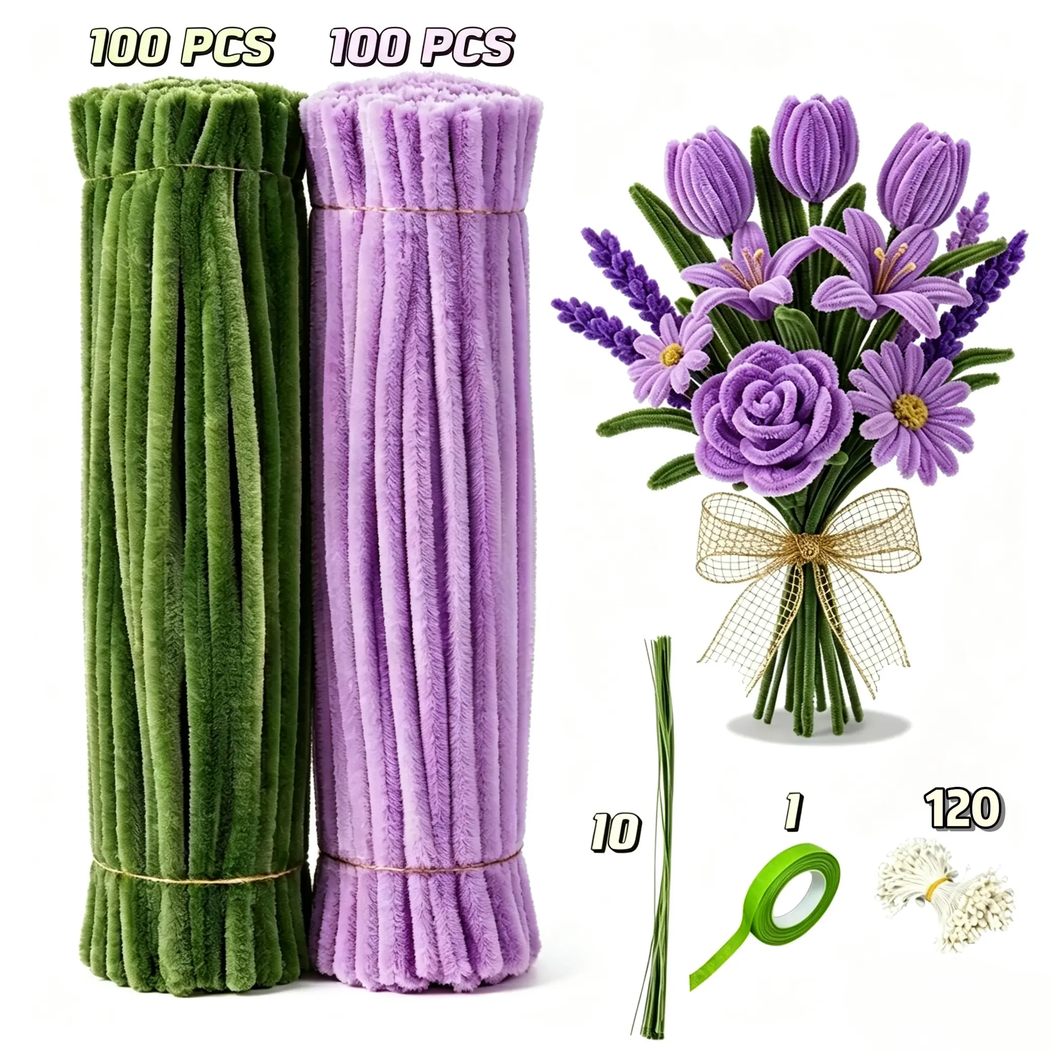 Thick Fuzzy Fibers DIY Pipe Cleaners Flower Bouquet Kit - 100pcs Taro Purple, 100pcs Army Green Chenille Stems, Non-Shedding Floral Wire, All-in-1 Specialty DIY Supplies for Beginners, Flower Ornaments Room Decor