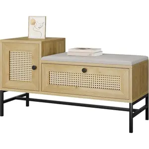 Farmhouse Rattan Shoe Bench with Cushion, Entryway Cabinet & Drawers, Metal Frame