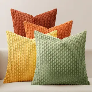 Fall Burnt Orange Throw Pillow Covers Soft Couch Decorative Set of 4 Boho Striped Cushion Covers Corduroy Pillowcase Farmhouse  Decor for Couch Bed Sofa Living Room 18x18 Inch Yellow Orange