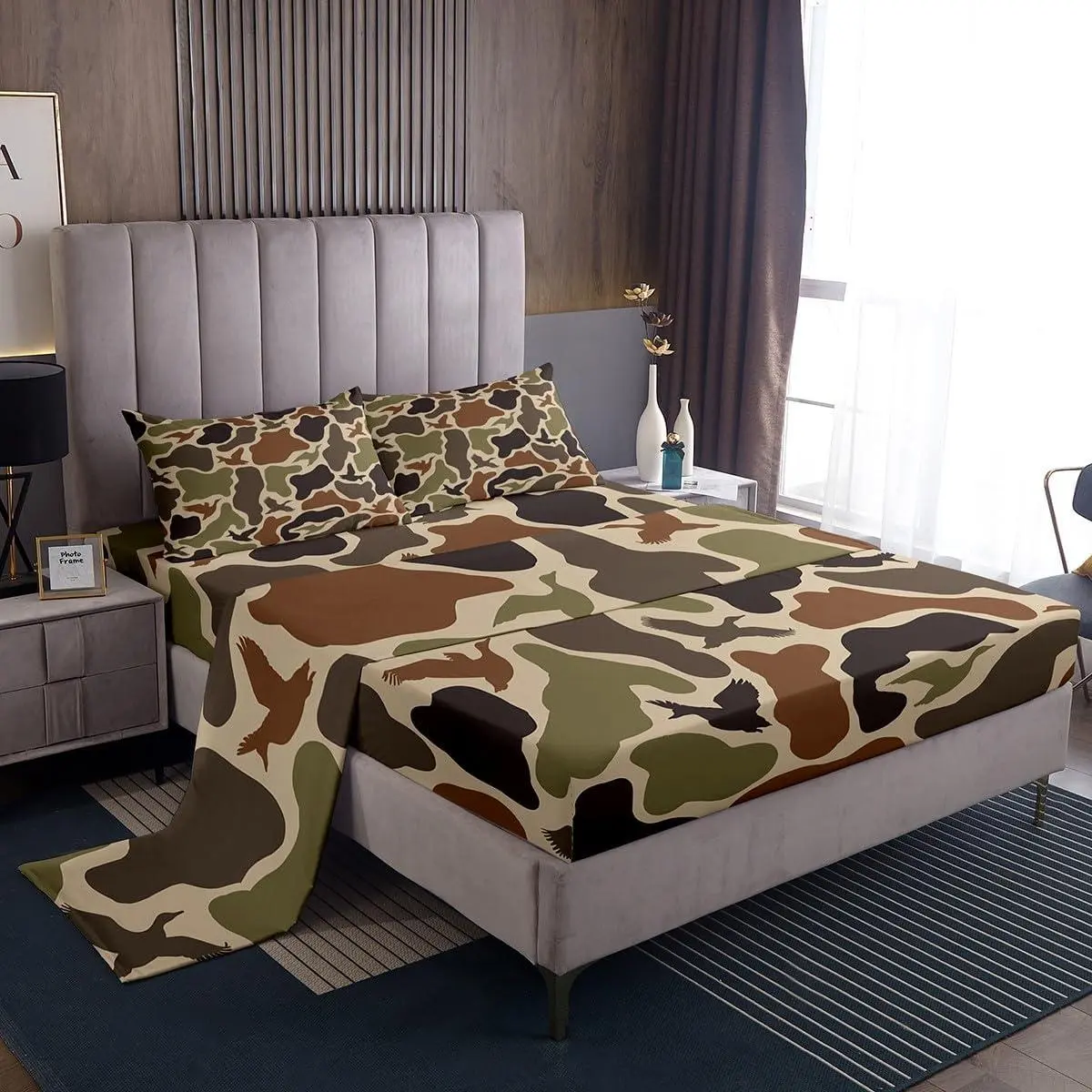 Feelyou Duck Hunting Bedding Set - Army Camo Military Design, Wild Woodland Print, Farmhouse Style, Breathable Durable Sheets, Elastic Fitted & Flat Sheets, Elastic Fitted Sheet