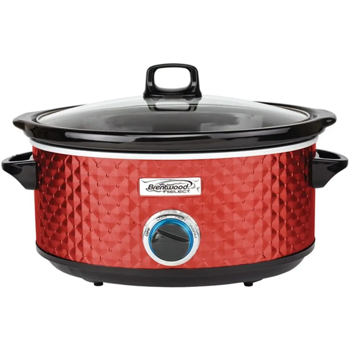 Brentwood Appliances RA50075 7 qt Ceramic Slow Cooker - Red Durable Metal Kitchenware, 270W Power, 3 Heat Settings, LED Display, Glass Lid, Easy-Remove Washable Components