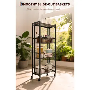 4-Tier Collapsible Storage Cart with Lockable Casters, Heavy Duty Kitchen Organizer Rack, Pre-Assembled, 100 lbs Capacity, Utility Shelf for Pantry, Garage, Bathroom, Wood, Metal, Smooth, Wooden