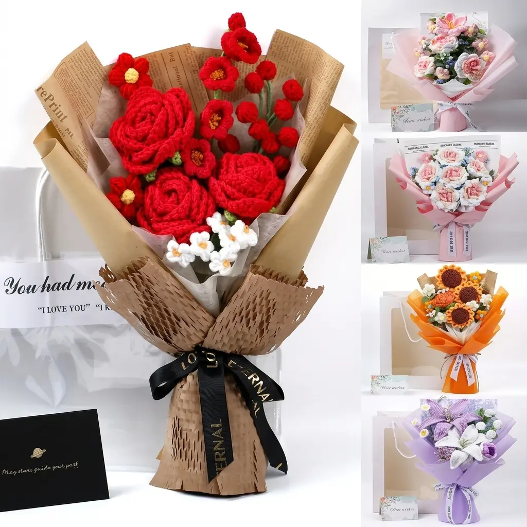Kedomiu Crochet Flower Bouquet with Greeting Card And Gift Bag, Handmade Artificial Knitted Lilies And Roses, Warm Faux Bouquet for Mother's Day, Wedding, Anniversary, Birthdays, Valentine's Day