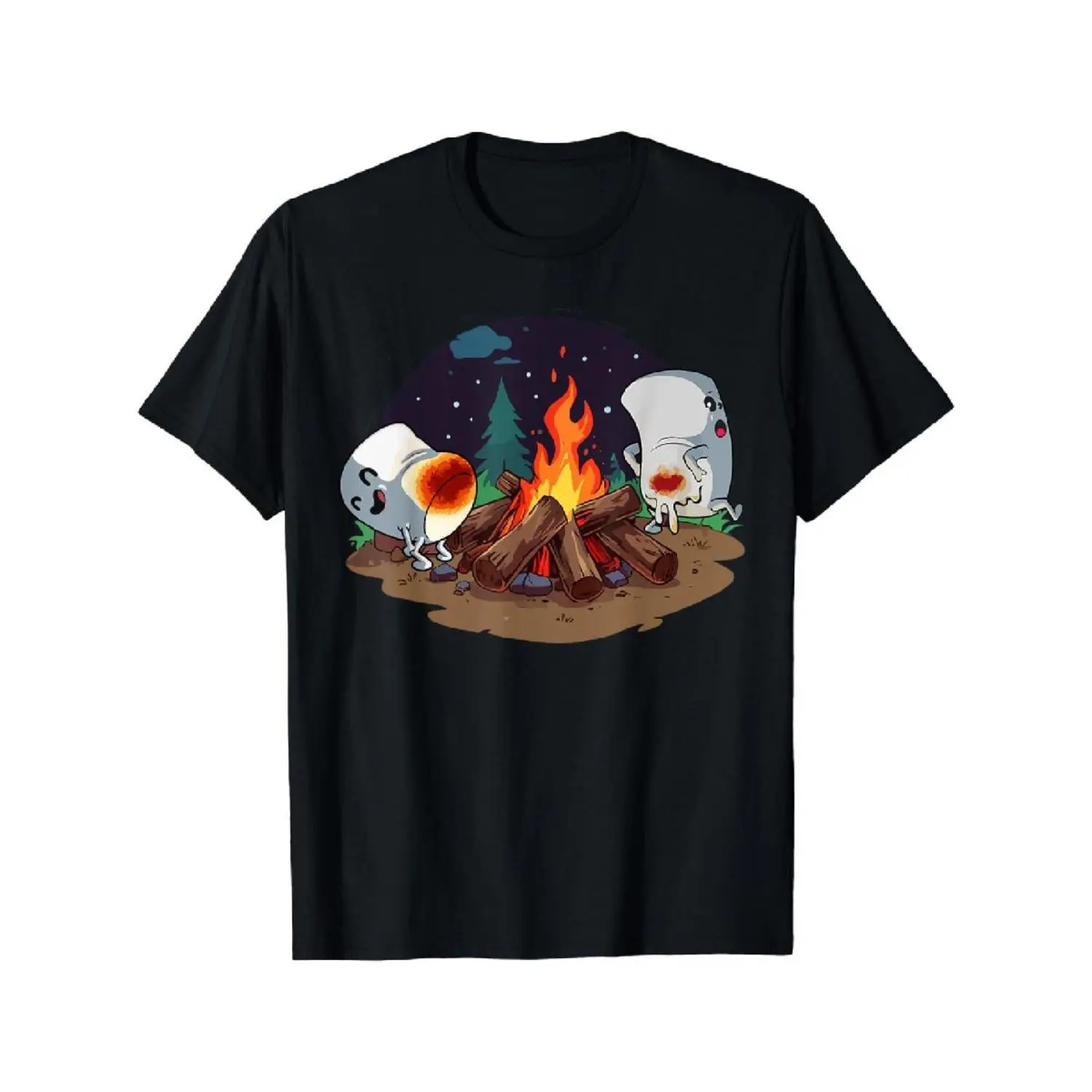 Men's Casual Short-Sleeve Funny S'mores Marshmallow Roasting T-Shirt - Menswear Top for Campfire Bonfire Camping, Tshirt, Shortsleeve, Campfire Theme, Roasting Scene, Round Neck, Cancer Safe, Streetwear, Roasting Marshmallows
