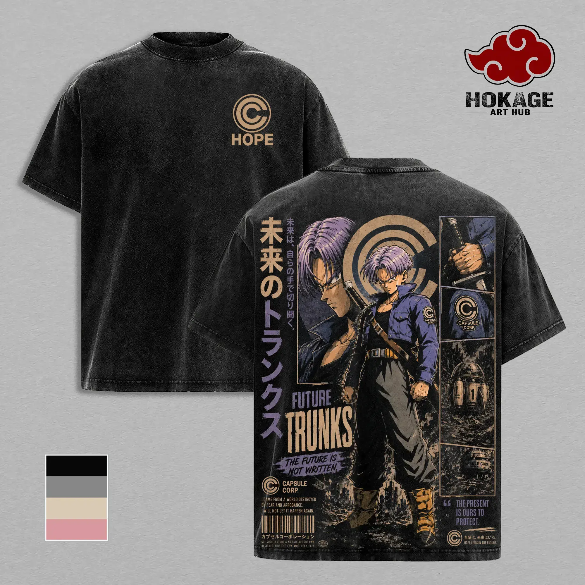 Unisex Future Trunks Vintage Washed DBZ Anime Tshirt - Menswear Heavy Cotton Capsule Corp Graphic Back Print Distressed Manga Short Sleeve Breathable Tee, 90s Retro Streetwear Casual Top