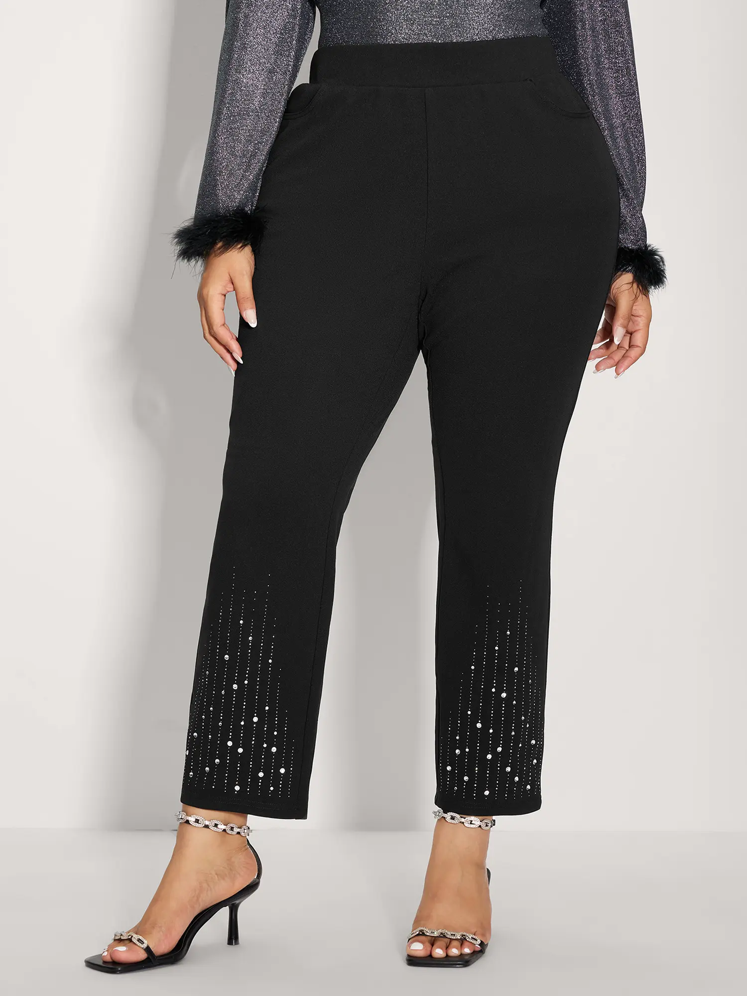 BLOOMCHIC Women's Plus Size Fitted Spandex Garment - Butter-Soft Stretchy Pants, Mid-Rise Trouser with Pocket & Diamond Detail Hem, Flattering Summer Turn-Up Party Pants for Mom [M-6X] Fit Womenswear Fabric Bottom,Summerfinds,back to school shopping