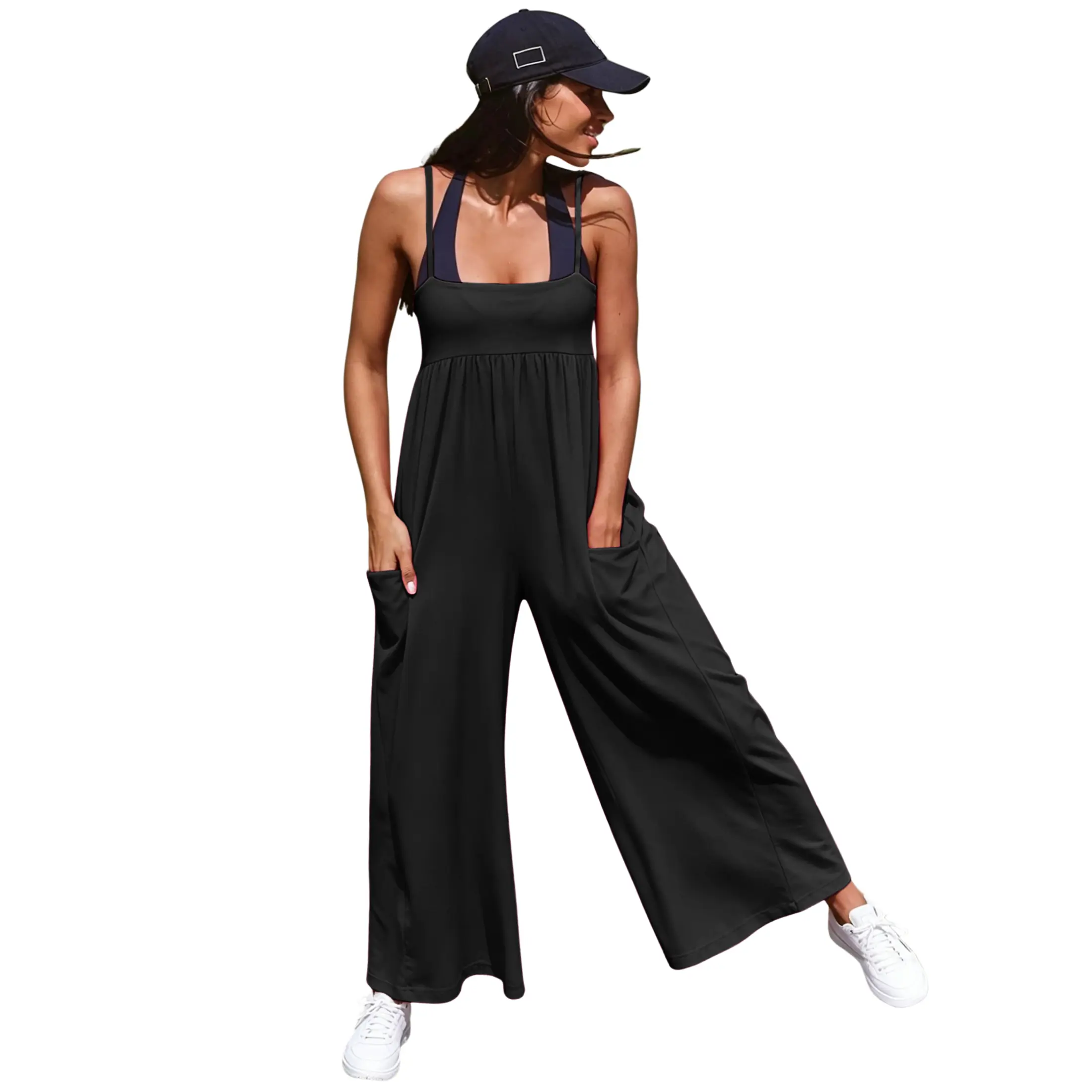 Mibbory Women's Sleeveless Cotton Blend Overalls, Basic Casual Strappy Onesie Jumpsuit - 95% Cotton, Adjustable Spaghetti Straps, Empire Waist, Pleated Wide Leg, Loose Slouchy Fit, With Pockets, Summer Beach Vacation, Adjustable Straps