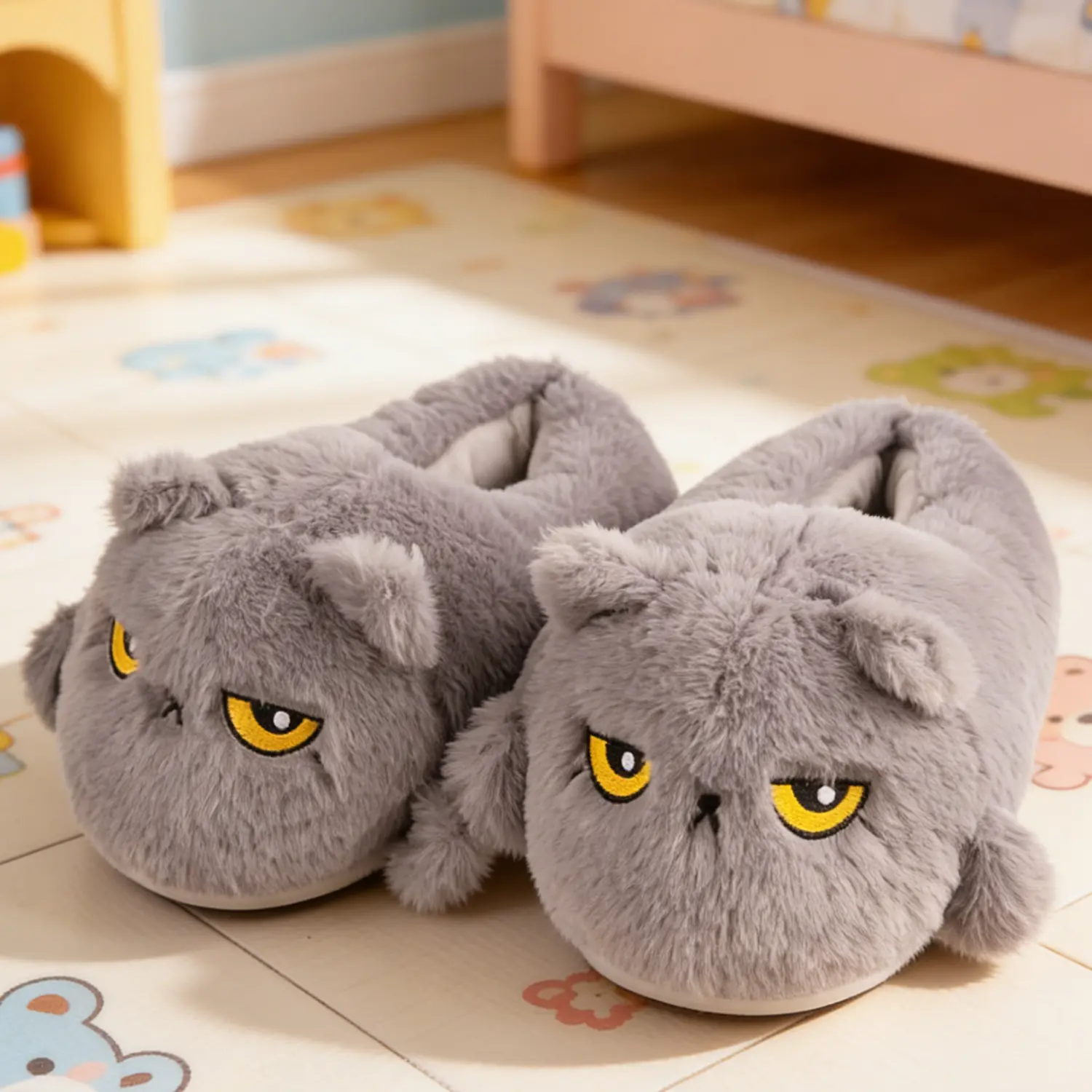 Women's Grumpy Cat Fluffy Home Slippers - Comfortable Novelty Footwear with Cozy Plush Design and Moody Eyes, Fabric, Slip On, Tpu, Casual, Comfortable And Funny, Funny Look, Shoe, Slide, Home Wear, Grumpy Face, Indoors