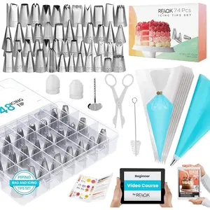 74 pcs icing piping bags and tips set cake decorating kit with 48numbered piping tips 201 pastry bags for cookie cupcake cake decoration cake decorating tips set with booklet and ebook