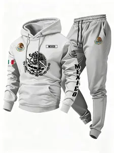 Mexico National Emblem Tracksuit Set Hoodie & Jogger Pants Featuring Eagle & Snake Emblem Print "MEXICO" Text & Flag Patch Design Drawstring Hood & Elastic Waist Ideal for Patriotic Enthusiasts Casual Daily Wear Streetwear Outings