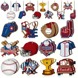 24-Piece Baseball Wooden Decor Set, Hand-Carved Ball Bat Helmet Trophy Designs, Patriotic Home Office Bedroom Party Decoration, Hanging Ornaments