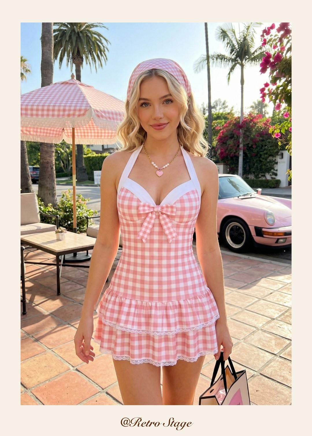 RETRO STAGE Women's 1940s Vintage Pink Gingham Halter 1-Piece Swimsuit, Polka Dots, Dainty Bow, Ruffled Hem, Backless, Comfortable Fit, Bathing Suit, One Piece Swimsuit,summervibes