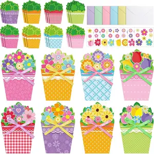24 Sets Card Making Kits DIY Handmade Greeting Card Kits with Flowers Stickers Envelopes Ribbon for Primary School Mother's Day Make Your Own Crafts Gifts