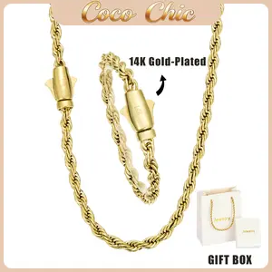 Men's Jewelry Set – 14K Gold-Plated cuban link Twisted Rope Chain Necklace & Bracelet (6mm), Waterproof, Rust-Resistant, Fade-Proof, Stylish Creative Gift with Luxury Gift Box, Unisex fathersdaygifts y2k fall deal accessories stainless steel