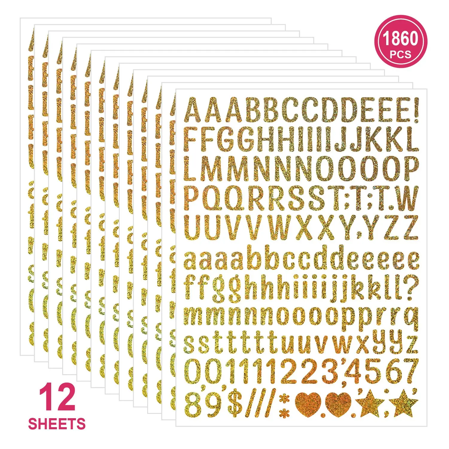 1860pcs Glitter Alphabet & Number Stickers - 0.5" Self-Adhesive Letters for Scrapbooking Supplies, Scrapbook Materials, DIY Crafts, Water Bottles & Journaling - Multi-color/Gold/Silver, Glitter Decals, Sticker Packs