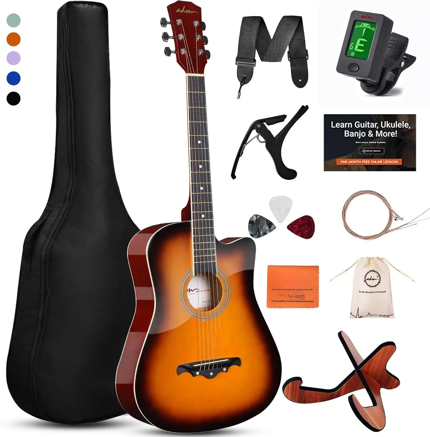 38" Inch Acoustic Guitar Bundle for Beginners Adults with Online Lesson, Cutaway  Acustica Guitarra Starter Set Package with Gig Bag, Strap, Steel Strings, Picks, Capos, Stand, Sunburst
