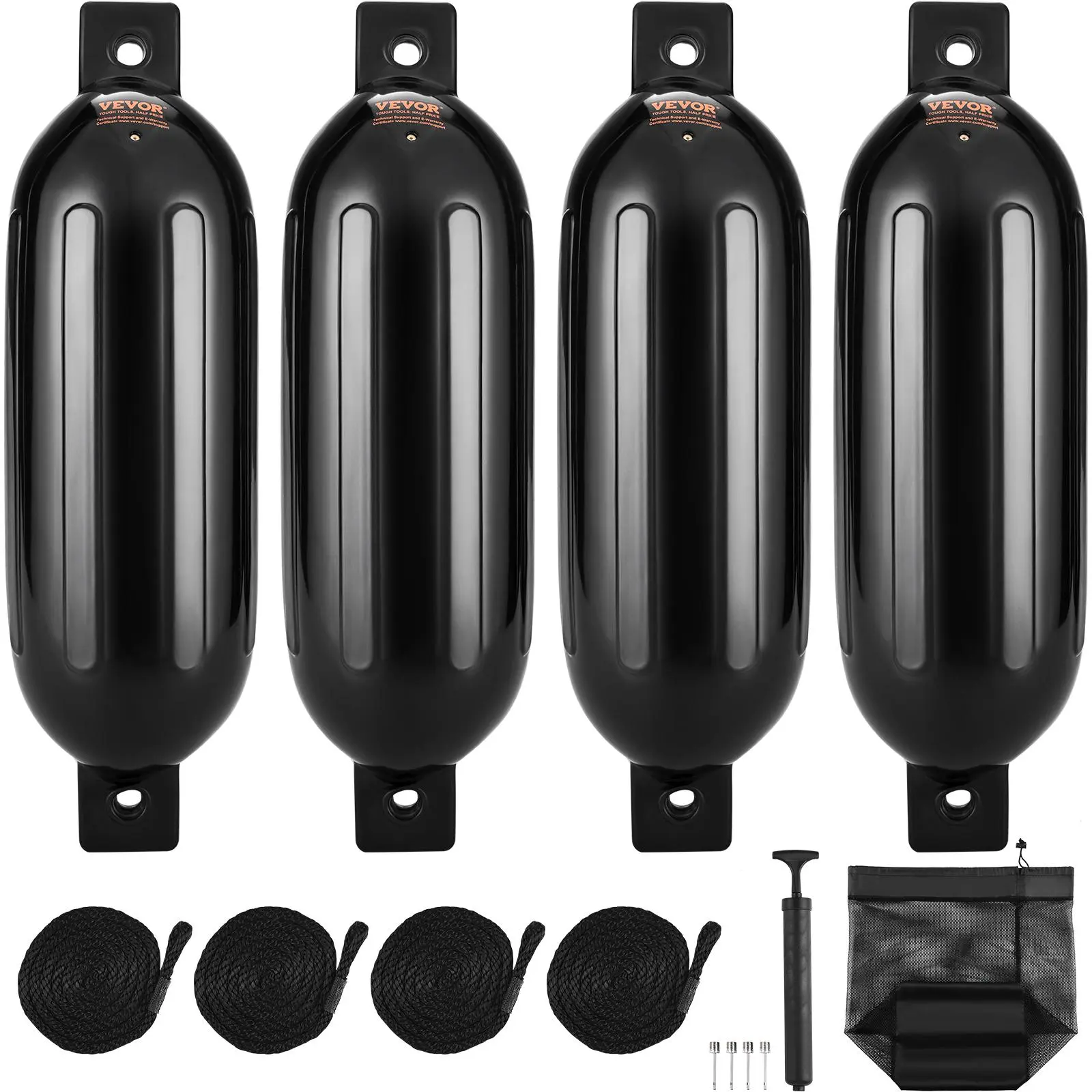 【summerfinds】VEVOR Boat Fenders, 6.5" x 23" Boat Bumpers for Docking, Inflatable Ribbed Fender with Center Holes, Marine Boat Dock Fender Bumper with Air Pump, 4 Needles and 4 Ropes and Storage Bag, Black