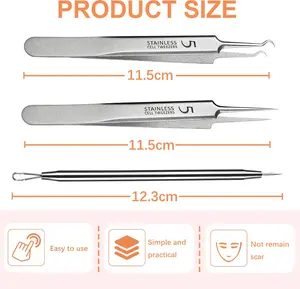 3-Piece Stainless Steel Blackhead Remover Tool Kit, Professional Comedone Extractor & Tweezers Set for Acne, Blemish, Whitehead & Ingrown Hair Removal