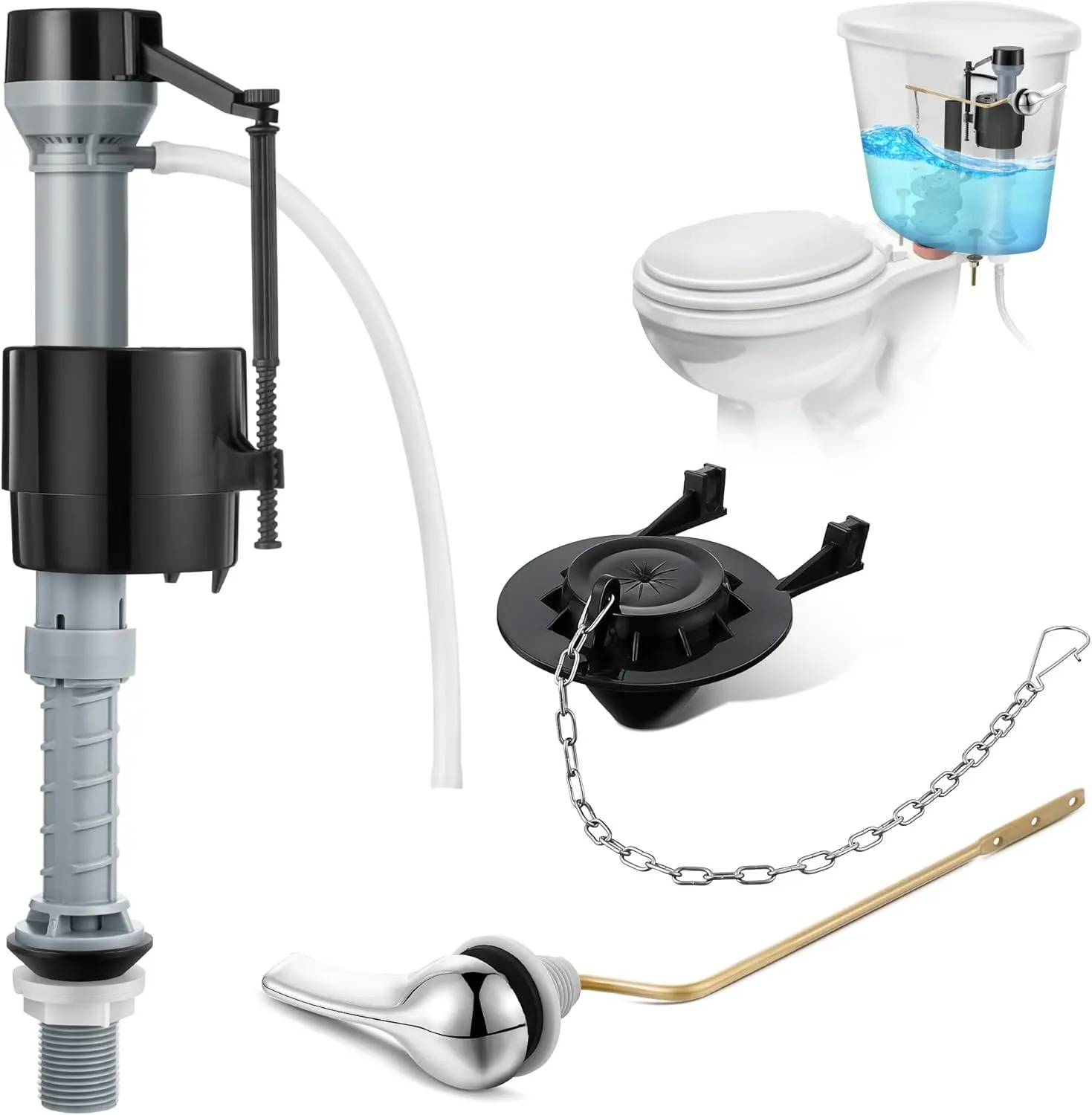 1 Set Saillong Universal Toilet Flusher Replacement Kit - Adjustable Fill Valve, 2-In Flapper, Side Mount Handle Lever, 8-In to 13-In Fit, Corrosion-Resistant, Durable, Water-Saving, Easy-Installation Car Repair Tank Tool